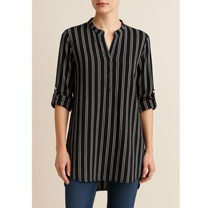Madison Mathews Black White Linen-Feel Striped Roll Tab Tunic Top S Coastal